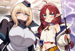 2girls ai_generated arknights blonde_hair blue_eyes blush breast_envy breast_size_difference durin_(arknights) huge_breasts myrtle_(arknights) pointy_ears red_hair shortstack