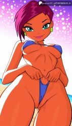 ai_generated aiuniverse56 bikini blue_eyes cameltoe cartoon earrings from_below legs looking_at_viewer looking_down medium_breasts midriff navel pink_lips pink_lipstick pulling_panties pulling_thong purple_bikini purple_hair purple_thong pussy_floss shaved_pussy shiny_skin short_hair smile stable_diffusion tecna_(winx_club) thick_thighs thong underboob wide_hips winx_club