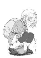 1girls artist_request backpack bangs blush boots character_request helmet kneehighs lidded_eyes monochrome peeing peeing_into_container short_hair solo squatting uniform