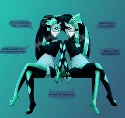 2girls big_ass big_breasts big_thighs blue_skin clothing clown clown_girl crossed_legs demon_girl evil_grin evil_smile fish_girl glam_(helluva_boss) glitz_(helluva_boss) helluva_boss long_hair looking_at_viewer ponytail pregnant pregnant_belly pregnant_female sharp_teeth sisters sitting sitting_down smile smiling speech_bubble steelknigh talking_to_viewer thick_thighs twins watermark