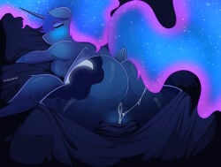 1girls alicorn anthro ass_focus back_view bed big_ass big_breasts big_thighs blue_eyes eyes_closed furry furry_only horn horse_girl in_bed long_hair long_tail my_little_pony pony_girl princess_luna_(mlp) pussy_focus pussy_juice pussy_lips sleeping steelknigh tail thick_thighs watermark wings