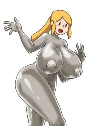 1girls :d alternate_breast_size blonde_hair bodysuit breasts covered_nipples curvy female grey_bodysuit huge_breasts huge_nipples impossible_bodysuit impossible_clothes long_hair metroid open_mouth ponytail rhythm_heaven rhythm_heaven_groove samus_aran sidelocks simple_background sister_silver skin_tight smile solid_oval_eyes solo thick_thighs thighs white_background zero_suit