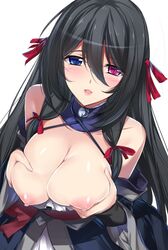 :d bell black_hair blue_eyes blush bow breast_hold breast_squeeze breasts breasts_out cleavage clothing criss-cross_halter female hair_between_eyes hair_ornament hair_ribbon halter_top halterneck heterochromia high_resolution jingle_bell kirihime_yoruka large_breasts long_hair looking_at_viewer minamon_(vittel221) nipples open_mouth parted_lips pink_lips pointy_chin purple_eyes red_bow red_ribbon ribbon saijaku_muhai_no_bahamut sash smile solo very_long_hair