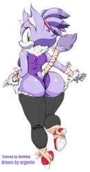 anthro argento ass big_ass blaze_the_cat blush breasts darkneji feline female forehead_jewel fur furry highres leotard looking_at_viewer looking_back mammal open_mouth purple_fur purple_hair simple_background small_breasts solo sonic_(series) thick_thighs thighhighs wide_hips yellow_eyes