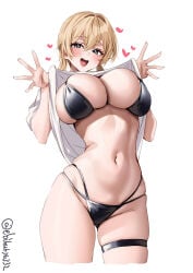 1girls black_bikini blonde_hair blue_eyes blush ebifurya huge_breasts kantai_collection lifted_by_self lifting_own_clothes lifting_shirt looking_at_viewer navel open_mouth prinz_eugen_(kantai_collection) shirt_lift smile solo stomach thick_thighs white_shirt