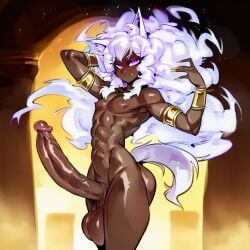abs ai_generated balls bare_arms bare_legs bare_shoulders bare_thighs big_balls big_penis cairo_(farggothdur) cat_ears cat_tail catboy dark-skinned_male dark_skin fang_out farggothdur femboy femboy_only fit_male huge_cock looking_at_viewer male_focus male_only massive_penis purple_eyes sexy sexy_body slim_waist smug smug_face solo solo_male standing water white_hair