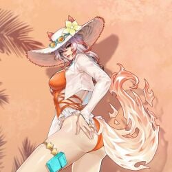 2d 2d_(artwork) animal_ears animal_tail asian asian_female ass ass_focus beach_hat big_ass breasts feet_out_of_frame fox_ears fox_girl fox_tail hand_on_ass hat korean korean_female kumiho large_breasts light-skinned_female light_skin lipstick long_hair looking_at_viewer marvel marvel_rivals multicolored_hair official_alternate_costume one-piece_swimsuit orange_one-piece_swimsuit orange_swimsuit smile solo sunglasses swimsuit tail treartz video_games white_fox_(marvel) white_fox_(marvel_rivals) white_hair white_hat