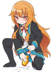 amatsuka_mao_(gj-bu) black_legwear blazer blush brown_eyes censored clothing female gj-bu jacket long_hair long_sleeves orange_hair panties panties_removed peeing peeing_in_cup plaid plaid_skirt pussy school_uniform skirt solo spread_legs squatting stockings sweatdrop thighhighs underwear urination urine urine_in_container very_long_hair youkan