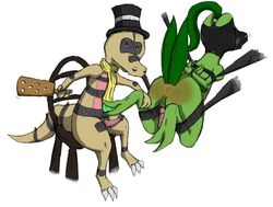 anthro anus balls bondage bound chair krokorok male male_only muzzle_(object) nintendo penis pokemon rubber simple_background spanking stripedcrocodile suspension video_games white_background