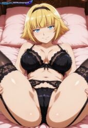 1girl 2d absurd_resolution absurdres adult ai ai-created ai_art ai_generated anime anime_coloring anime_screenshot arche_eeb_rile_furt bangs bed bedroom bent_knees black_lingerie black_thighhighs blonde_hair blue_eyes blush bra close-up curvy detailed_background digital_art dynamic_angle dynamic_pose exhibitionism exibitionism exited explicit female foreshortening garter_belt garter_straps glossy glossy_body glossy_skin gorgeous hairband hand_near_face hentai hi_res high_contrast high_quality high_resolution highres in_heat indoors lace lace_trim large_breasts lingerie looking_at_viewer lying narrow_waist navel nsfw on_back overlord overlord_(maruyama) panties patreon perfect_anatomy pervert_female pillow plump presenting rating_explicit sexy sexy_body sexy_female sexy_pose short_hair smile soft_shading solo source_anime teasing teasing_viewer thick_thighs thighhighs voluptuous voluptuous_body voluptuous_female wide_hips