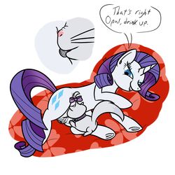 2016 blue_eyes crotchboobs cutie_mark dsninja duo english_text equine feline female feral friendship_is_magic fur hair horn lying mammal my_little_pony on_side opalescence_(mlp) purple_hair pussy rarity_(mlp) simple_background suckling text unicorn white_background white_fur