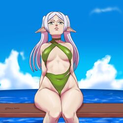 beach beach_background bikini breasts cameltoe elf elf_ears elf_female elf_girl frieren frieren_beyond_journey's_end jesus_dancho ocean ocean_background petite petite_body petite_female pussy_lips pussy_peek silver_hair swimsuit swimwear tummy
