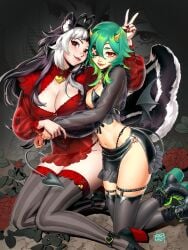 2girls black_footwear boots bra breasts chain cleavage demon_horns demon_tail flower green_hair high_heels horns indie_virtual_youtuber jacket large_breasts long_hair long_sleeves looking_at_viewer miniskirt momotexx_(vtuber) multicolored_hair multiple_girls nail_polish navel parted_lips red_eyes rose short_shorts shorts skirt smile striped striped_legwear tail thighhighs underwear v vertical-striped_legwear vertical_stripes virtual_youtuber vyugen white_hair wings