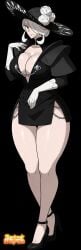 1girls 2026 artist_logo big_breasts black_background breasts cleavage cogita_(pokemon) curvy curvy_body curvy_female curvy_figure edit edited_official_artwork full_body gloves hair_over_one_eye hat high_heels large_breasts looking_at_viewer mole mole_under_mouth pokemon pokemon_legends:_arceus projectwetroid smile solo solo_female tagme thick_thighs thighs white_gloves wide_hips