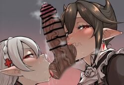 1boy 2girls ai_generated arknights balls_sucking black_hair blush cooperative_fellatio dark-skinned_male earrings entelechia_(arknights) ffm_threesome hetero interracial large_penis long_hair mole_under_eye pale_skin pointy_ears precum precum_drip red_eyes saliva short_hair steam sucking_balls teamwork_(sexual) testicle_sucking testicles vampire vampire_girl veiny_penis warfarin_(arknights) white_hair