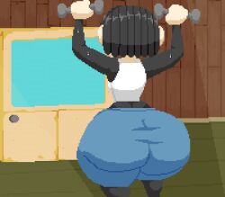 1girls animated annoyed ass_jiggle black_eyes black_hair bouncing_ass fat_ass from_behind looking_back mp4 short_hair solo spinneborg sweat tagme television thick_ass thick_thighs torn_shorts video weights white_panties working_out