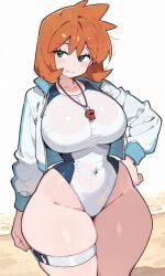 1girl ai_generated beach blush breasts busty closed_mouth clothing competition_swimsuit covered_navel curvaceous female green_eyes groin hand_on_hip hand_on_own_hip highleg highleg_swimsuit huge_breasts jacket kasumi_(pokemon) large_breasts long_sleeves looking_at_viewer medium_hair misty_(pokemon) misty_(pokemon_hgss) multicolored multicolored_clothes multicolored_swimsuit navel one-piece_swimsuit open_clothes open_jacket orange_hair pokemon sand shiny_clothes shiny_skin short_hair skindentation smile solo sportswear standing swimsuit tank_suit taut_clothes thick_thighs thigh_strap thighs two-tone_swimsuit water wet wet_clothes wet_swimsuit whistle whistle_around_neck white_jacket white_one-piece_swimsuit white_swimsuit wide_hips