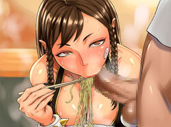 :>= alternate_costume alternate_hairstyle bare_shoulders black_nails blowjob_while_eating blush bottomless braid breasts brown_hair censored chinese_clothes chopsticks chun-li chun-li_(battle_ouffit_sfv) eating fellatio fellatio_while_eating female food highres long_hair looking_at_another mosaic_censoring nail_polish oral orange_eyes penis ramen shibire_hitsuji simple_background solo_focus standing street_fighter sweat tied_hair twin_braids