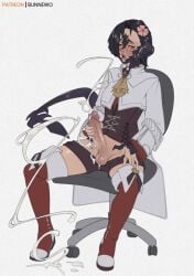 au_ra black_hair braid bunnewo clothed cum dragon_girl final_fantasy_xiv horn masturbation sitting_on_chair tail