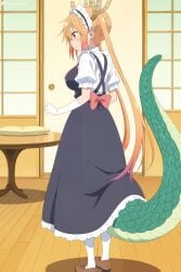 1girl ai_generated black_dress blonde_hair blush bow breasts closed_mouth digitalwaifugallery dragon_girl dragon_horns dragon_tail dress elbow_gloves frills full_body gloves gradient_hair hi_res high_quality high_resolution horns indoors large_breasts large_tail long_hair maid maid_headdress miss_kobayashi's_dragon_maid multicolored_hair orange_eyes orange_hair patreon puffy_short_sleeves puffy_sleeves scales seductive sexy shoes short_sleeves smile solo standing table tail tohru_(dragon_maid) twintails uncensored very_long_hair watermark white_gloves