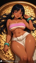 ai_generated aiuniverse56 bangs black_hair bracelet bracelets brown_eyes cartoon chel chel_(the_road_to_el_dorado) cleavage dark-skinned_female dark_skin dreamworks earrings large_breasts loincloth long_hair lying lying_on_back midriff navel plump plump_belly plump_breasts puffy_lips shiny_skin skindentation stable_diffusion stomach the_road_to_el_dorado thick_thighs tube_top tubetop underboob wide_hips