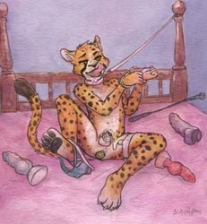 1boy 2016 anal anthro balls bed bondage bound chastity chastity_cage chastity_device cheetah clothing collar cum cum_everywhere cum_on_body cum_on_face dildo feline fur furry handcuffs hindpaw leash male male_anal male_chastity male_only mammal messy on_bed open_mouth paws penetration penis riding_crop sex_toy shackles sicklyhypnos signature solo tongue tongue_out traditional_media_(artwork) underwear vibrator vibrator_on_penis whip