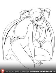 1girl androgynous artist_name bare_arms bare_legs bare_shoulders barefoot breasts capcom completely_nude darkstalkers demon_girl email_address feet head_wings highres kinkymation legs lilith_(darkstalkers) lineart looking_at_viewer nipples nude on_floor patreon_logo patreon_username purple_hair red_eyes red_wings short_hair sitting small_breasts smile thighs web_address wings