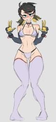 1girls 2d armwear bikini bikini_bottom bikini_top black_hair black_hair_female blue_eyes blue_eyes_female choker double_peace_sign double_v full_body hi_res hourglass_figure hourglass_figured_female human human_female key key_choker key_necklace light-skinned_female light_skin marvel marvel_comics marvel_rivals noodlensfw pale-skinned_female pale_skin peace_sign peni_parker peni_parker_(marvel_rivals) pinup red_highlights short_hair short_hair_female simple_background skinny skinny_female small_breasts solo string_bikini string_panties superheroine thighhighs white_background yellow_highlights