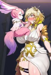 1futa 1girls aglaea_(honkai:_star_rail) ai_generated blonde_hair blowjob cyrene_(honkai:_star_rail) honkai:_star_rail mem_(honkai:_star_rail) small_but_hung small_dom_big_sub