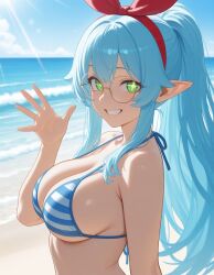 beach bikini blue_hair blue_striped_bikini elf elf_ears elf_female elf_girl glasses green_eyes indie_virtual_youtuber keisha_callie striped_bikini vtuber