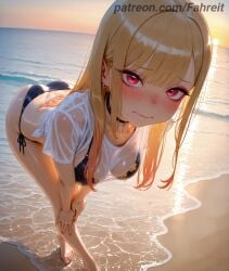 1girl 1girls 3: ai_generated artist_name ass backlighting barbell_piercing bare_legs barefoot beach bent_over bikini bikini_under_clothes black_bikini black_choker blonde_hair blush bracelet breasts butt_crack choker cleavage closed_mouth collarbone colored_tips dutch_angle ear_piercing earrings embarrassed evening eyelashes fake_nails feet fingernails floral_print foreshortening full_body gradient_hair gyaru halterneck hands_on_own_knees hanging_breasts horizon jewelry kitagawa_marin large_breasts leaning_forward legs long_fingernails long_hair looking_at_viewer makeup medium_breasts multi-strapped_bikini_bottom multicolored_hair nail_polish no_pants o-ring_bikini ocean orange_sky outdoors patreon patreon_username piercing pink_hair pink_nails print_bikini red_eyes red_hair red_nails sand see-through see-through_shirt shiny_skin shirt shore short_sleeves side-tie_bikini_bottom sky solo sono_bisque_doll_wa_koi_wo_suru stable_diffusion standing straight_hair string_bikini sun sunlight sunset swimsuit t-shirt thighs tied_shirt toenail_polish toenails toes water wavy_mouth wet wet_clothes wet_hair wet_shirt white_shirt