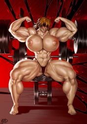 1girls abs barbell big_breasts blonde_hair breasts female flexing hellsing huge_breasts huge_muscles megaween muscular muscular_female nipples seras_victoria solo