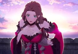 1girl bent_over big_breasts blush breasts brick_wall brown_hair cleavage cloud cloudy_sky dorothea_arnault dorothea_arnault_(timeskip) dress earrings female_focus fire_emblem fire_emblem:_three_houses green_eyes hand_on_own_chest hand_on_own_hip highres jewelry large_breasts long_hair looking_at_viewer nintendo official_art red_dress sky solo