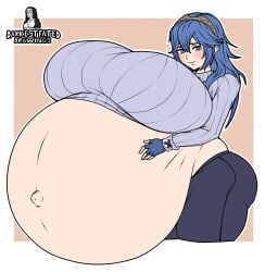 1girl ass blue_eyes blush breasts darkestfated female fingerless_gloves fire_emblem hand_on_belly headband huge_ass hyper_breasts hyper_pregnancy lucina_(fire_emblem) nintendo popped_navel pregnant sweater thick_thighs wide_hips