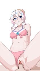 1girls bare_shoulders belly_button bikini blue_eyes blush cleavage exposed_pussy exposed_shoulders exposed_vagina first_person_view flowers flowers_in_hair hair_bun hi_res highres indie_virtual_youtuber kuon_bb kuon_bb_(kuonr18/epijbp) legs_apart light_pink_hair looking_at_viewer looking_down lyrica_(vtuber) male_pov medium_breasts navel panties_aside penis penis_in_pussy pussy sex sex_from_front swimsuit tummy vagina vaginal_penetration virtual_youtuber white_background