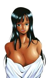 1girl 1girls big_breasts color color_edit colored covering covering_breasts dark-skinned_female dark_skin edit edited edited_art edited_by_uploader edited_image happy huge_breasts nico_robin nico_robin_(pre-timeskip) seductive seductive_eyes seductive_look seductive_smile solo solo_female solo_focus towel towel_only towel_over_breasts yoonsmr