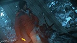 1boy 1girls absurd_res breath brown_hair canid canine canis clothed clothed_female cold cunnilingus deathrayfever desperation female feral feral_on_female lara_croft licking licking_pussy lifting_own_clothes lifting_shirt looking_pleasured outdoors panties_down pants_down pleasure_face pubic_hair snow tomb_raider tomb_raider_(survivor) wolf