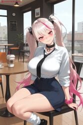1girl ai_generated bangs black_neckwear blush breasts chair choker desk earrings goddess_of_victory:_nikke hair_between_eyes hair_ornament hi_res high_quality high_resolution huge_breasts indoors jackal_(nikke) jewelry kiraamane large_breasts long_hair looking_at_viewer multicolored_hair necktie patreon pink_hair scrunchie seductive sexy shirt sitting skirt smile socks solo streaked_hair twintails uncensored very_long_hair watermark white_legwear white_shirt wrist_scrunchie