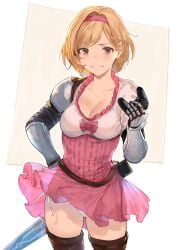 1girls blonde blonde-haired_female blonde_female blonde_hair breasts brown_eyes brown_thighhighs cleavage djeeta_(fighter) djeeta_(granblue_fantasy) female granblue_fantasy hews medium_breasts panties pantyshot pantyshot_(standing) short_hair thighhighs underwear upskirt white_panties white_underwear