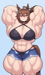 1girls abs agnes_tachyon_(umamusume) ai_generated armpits bikini denim_shorts female_pecs horse_girl huge_muscles huge_pecs huge_thighs large_pectorals muscular_female pecs pectorals two-know umamusume umamusume_pretty_derby