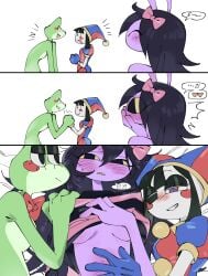 2026 2d 3girls 3koma artist_request blush bow dark_hair digital_media_(artwork) female_jax female_only frog frog_girl girls_only glitch_productions gooseworx green_skin hair_ornament hand_over_mouth jax_(tadc) jax_(the_amazing_digital_circus) jester jester_outfit long_hair multicolored_eyes no_bra pale_skin pomni pomni_(the_amazing_digital_circus) purple_skin rabbit rabbit_ears rabbit_girl ribbit_(tadc) ribbit_(the_amazing_digital_circus) speech_bubble the_amazing_digital_circus transgender_woman transgender_woman_(lore) undressing undressing_another yellow_sclera