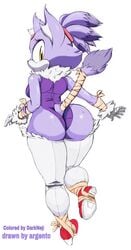 anthro argento ass big_ass blaze_the_cat blush breasts darkneji feline female forehead_jewel fur furry highres leotard looking_at_viewer looking_back mammal open_mouth purple_fur purple_hair simple_background small_breasts solo sonic_(series) thick_thighs wide_hips yellow_eyes