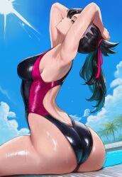 1girls ai_generated armpits arms_up ass asymmetrical_bangs bangs black_hair black_swimsuit blue_sky breasts cloud day hair_ribbon long_hair looking_at_viewer marnie_(pokemon) medium_hair one-piece_swimsuit outdoors palm_tree pokemon pokemon_ss red_ribbon ribbon sky solo swimsuit tree wet