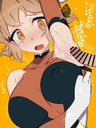 1girl after_armpit_sex arm_up armpit_sex armpits bar_censor bare_shoulders black_trim blush bodysuit breasts brown_hair censored collarbone covered_nipples cum cum_on_body ejaculation elbow_gloves gloves hair_ornament hairclip heart highres kuro_mushi multicolored_bodysuit multicolored_gloves open_mouth orange_bodysuit orange_eyes penis presenting_own_armpit senki_zesshou_symphogear short_hair tachibana_hibiki_(symphogear) white_gloves wide-eyed yellow_background