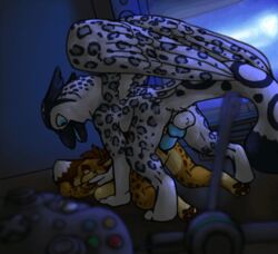 2015 animated avian backsack balls duo feathered_wings feathers feline female gamer gryphon inside knot leopard male mammal penetration secretden sex snow_leopard straight vaginal_penetration wings