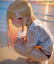 1girl 1girls ai_generated artist_name backlighting barbell_piercing bare_legs barefoot beach bead_bracelet beads bikini bikini_under_clothes black_bikini black_choker blonde_hair blush bracelet breasts choker closed_mouth colored_tips ear_blush ear_piercing earrings embarrassed evening fake_nails feet fingernails from_side full_body gradient_hair halterneck hand_on_own_knee industrial_piercing jewelry kitagawa_marin large_breasts long_hair looking_at_viewer looking_to_the_side medium_breasts multi-strapped_bikini_bottom multicolored_hair nail_polish no_pants nose_blush ocean orange_sky outdoors patreon patreon_username piercing pink_hair pink_nails red_eyes red_hair reflection sand see-through see-through_shirt shadow shiny_skin shirt shore short_sleeves sky solo sono_bisque_doll_wa_koi_wo_suru squatting stable_diffusion straight_hair string_bikini stud_earrings sunset swept_bangs swimsuit t-shirt thighs tied_shirt tiptoes toenail_polish toenails toes water wavy_mouth wet wet_clothes wet_hair wet_shirt white_shirt