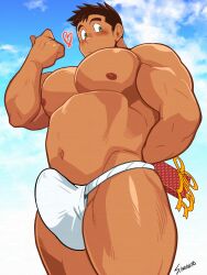 1boy artist_signature bara beefy biceps big_areola big_bulge big_penis breasts breasts_bigger_than_head brown_hair bulge bulge_through_clothing chubby dad_bod dadbod dark_skin embarrassed erection erection_under_clothes fat fat_male fundoshi fundoshi's_day fundoshi_only gay genital_outline gesture gift green_eyes heart_symbol hi_res huge_breasts looking_at_viewer low-angle_view male male_breasts male_only mature_male moobs morning muscles muscular muscular_arms muscular_legs muscular_male muscular_thighs nakata navel no_body_hair oppai original original_character outdoors pecs rokushaku_fundoshi short_hair shunpei_nakata shy sky solo standing thick thick_arms thick_legs thick_thighs thighs_bigger_than_head thunder_thighs valentine's_day white_fundoshi yaoi