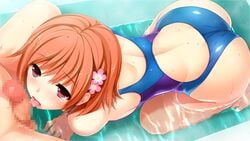 all_fours ass back bathtub blush censored competition_swimsuit error fellatio female flower from_above game_cg hair_flower hair_ornament hoshi_ori_yume_mirai koizumi_amane licking mixed_bathing mosaic_censoring nude one-piece_swimsuit oral orange_hair parted_lips partially_submerged penis red_eyes shinozaki_marika short_hair solo_focus staring swimsuit tongue tongue_out water wet wrong_feet