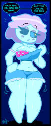 1_eye 1girls blightstar blue_body blue_sclera bra dialogue english_text eye_socket flashing_bra flashing_underwear ghost ghost_girl hand_on_hip heart_pattern_underwear madeleine_(blightstar) oc original purple_hair shirt_pull shorts shy solo speech_bubble tagme talking_to_viewer text thick_thighs wide_hips yellow_eyes