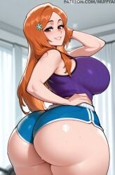 1girls ai_generated ass big_breasts bleach bleach:_the_thousand-year_blood_war bra breasts brown_eyes cum cum_on_breasts curvy dress female huge_breasts inoue_orihime large_breasts light-skinned_female light_skin lips looking_at_another looking_at_partner looking_pleasured male mommy orange_hair thick